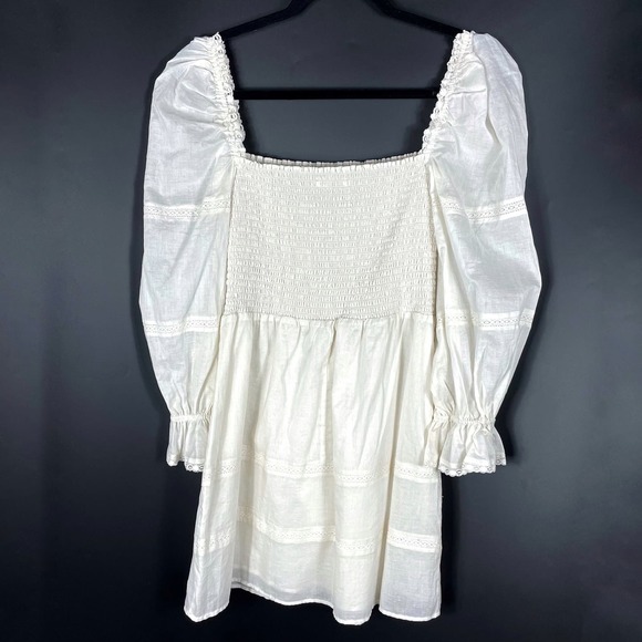 New Reformation Dunes Dress Cream Puff Long Sleeve Smocked Square Neck Mini Sz 4 - Picture 16 of 16
